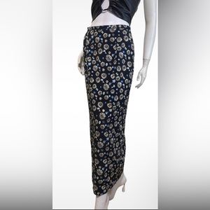 Vintage Y2K Navy Floral Print Long Lined Split Maxi Skirt Sz S